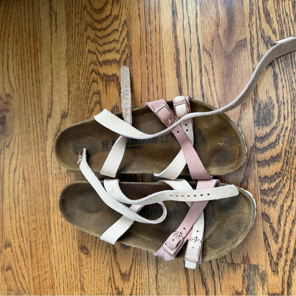 Birkenstock Strappy Leather Sandals with Pink and Cream Straps
